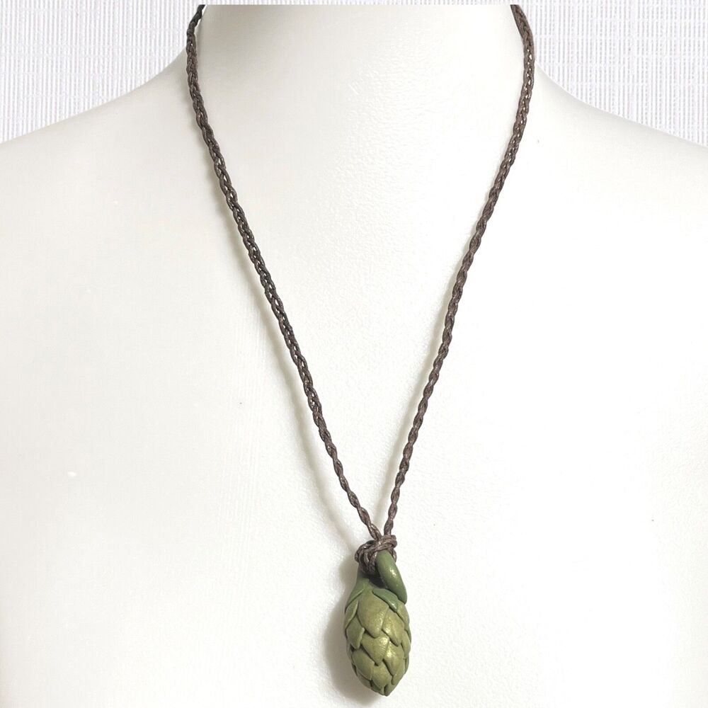 Large Beer Hop Necklace Braided Twine Cord Sculpted Polymer Clay Hippie Unisex